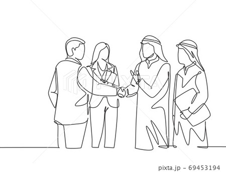 One continuous line drawing of young muslim business man handshake with his colleague 69453194