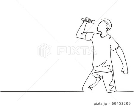 One single line drawing of young happy male rocker singer holding microphone and singing on music concert stage 69453209