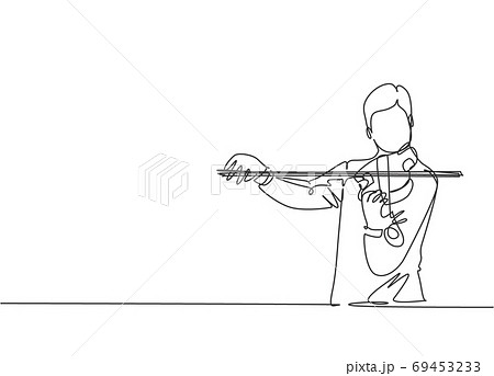 One single line drawing of male violinist performing to play violin on music festival One single line drawing of male violinist performing to play violin on music festival 69453233