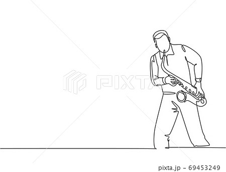One continuous line drawing of young happy male saxophonist performing to play saxophone on music concert One continuous line drawing of young happy male saxophonist performing to play saxophone on music concert 69453249