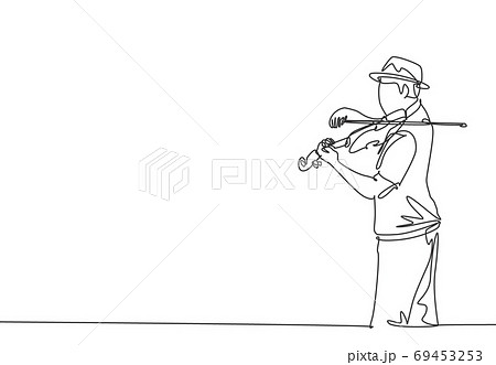 Single continuous line drawing of young happy male violinist wearing a hat and performing to play violin on music concert Single continuous line drawing of young happy male violinist wearing a hat and performing to play violin on music concert 69453253