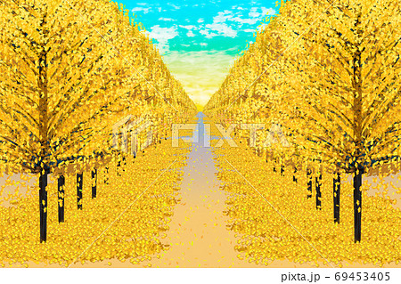 秋の黄葉の銀杏の木が並木道の鮮やかなイラストのイラスト素材
