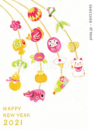 2021年丑年年賀状　正月つるしかざり　水彩イラスト 69453940