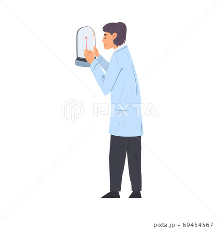 Male Scientist in White Coat Doing Scientific Experiment with Laboratory Equipment Vector Illustration on White Background 69454567
