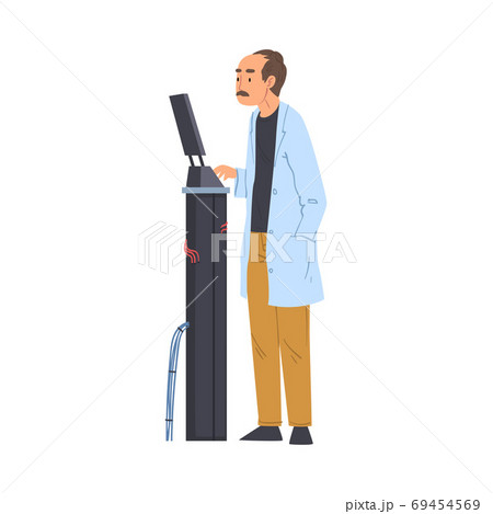 Male Scientist, Engineer or Programmer in White Coat Doing Researches with Laboratory Equipment in Science Lab Vector Illustration on White Background 69454569