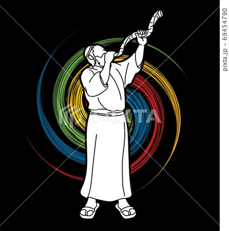 Feast of trumpets. Jewish people blowing the shofar horn cartoon graphic vector 69454790