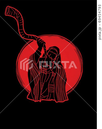 Feast of trumpets. Jewish people blowing the shofar horn cartoon graphic vector 69454793