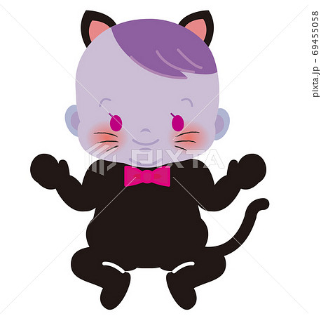 ハロウィン黒猫コスプレの赤ちゃん 正面 ベビー全身イラスト53のイラスト素材