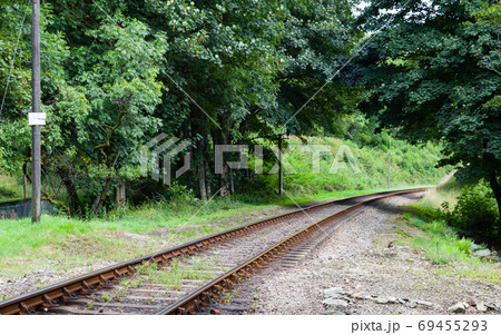 Railway Track. A stretch of railway track on the preserved Lakeside and Haverthwaite railway in Cumbria, northern England. 69455293