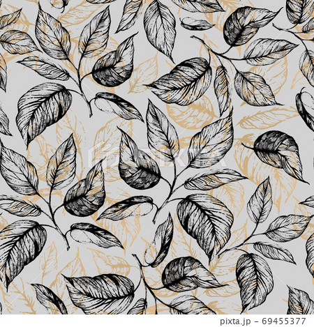 Seamless pattern - Hand drawn twig with leaves in gray scale and leaves contour of golden foil on grey background Seamless pattern - Hand drawn twig with leaves in gray scale and leaves contour of golden foil on grey background 69455377
