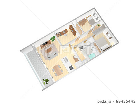 住宅の斜め上から見た鳥瞰パースのイラスト素材