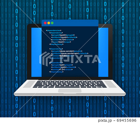 Vector laptop coding concept. Web developer, design, programming. Laptop screen code. Vector illustration. 69455696