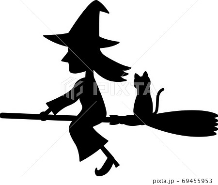 ほうきで空を飛ぶ魔女と黒猫のシルエットのイラスト素材