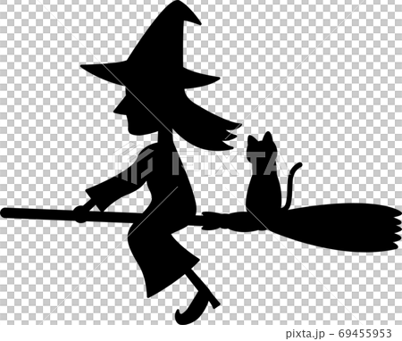 ほうきで空を飛ぶ魔女と黒猫のシルエットのイラスト素材