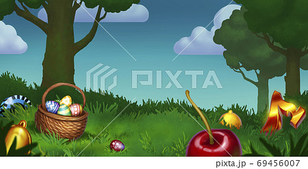 Easter green forest with lawn and blue sky. Wicker basket with eggs. Casino elements cherry lemon and tsyra canopy made of gold illustration art background. 69456007