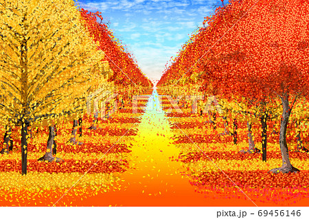 秋の風景銀杏と紅葉の鮮やかな並木道のイラストのイラスト素材