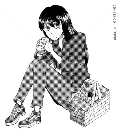 サンドイッチを食べながらのんびりピクニックする黒髪の女の子のイラスト素材
