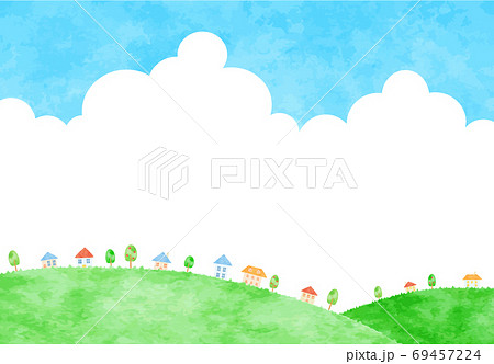 爽やかな入道雲と街並みのイラストのイラスト素材