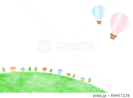 かわいい熱気球と街並みのイラストのイラスト素材