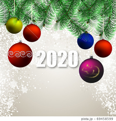 Happy New Year 2020 template. Holiday vector illustration with realistic Christmas balls and Christmas Tree Branches background, vector illustration. eps10 69458599