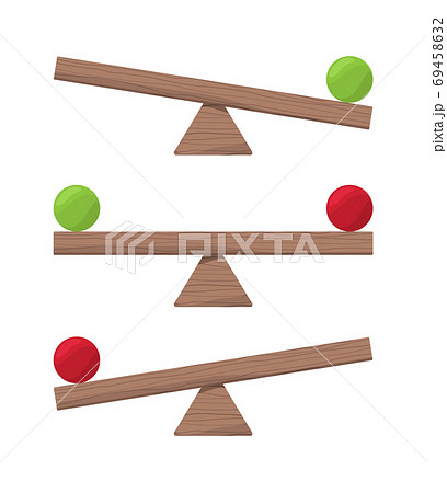 Wooden seesaw. Balance scale or equilibrio items vector flat illustrations 69458632