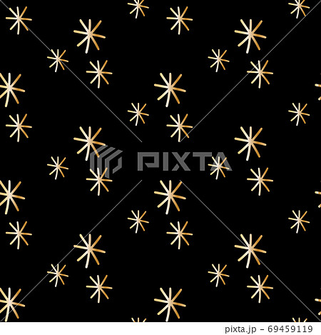 Golden snowflakes on black background. Seamless pattern in scandinavian modern style. Ornament for fabric, wallpaper, packaging, cards, wrapping paper. Vector stock illustration. 69459119