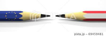 Opposing pencils with flags of the EU and Austria. Conflict concept, 3d rendering Opposing pencils with flags of the EU and Austria. Conflict concept, 3d rendering 69459481