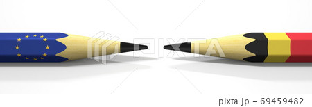 Pencils with flags of the EU and Belgium. Political conflict concept. 3d rendering Pencils with flags of the EU and Belgium. Political conflict concept. 3d rendering 69459482