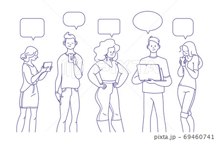 Young people standing together looking at smartphones, notepad and tablet reading news, chatting, discussing, surfing through internet, learning. Vector trendy flat hand drawn illustration. 69460741