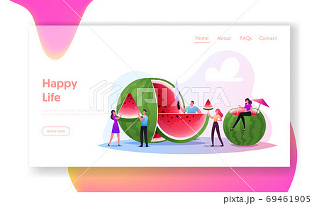 Tiny Characters Enjoying Refreshing Huge Ripe Watermelon Landing Page Template. People Eating Fruits at Summer Time 69461905