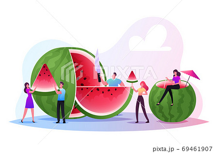 Summer Time, Group of People, Family and Friends Having Fun, Eating Fruits and Fruity Ice Cream, Huge Ripe Watermelon 69461907