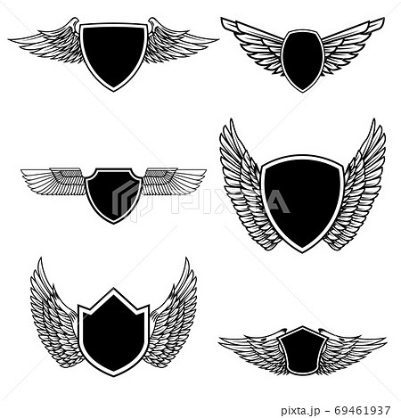 Set of emblems with wings isolated on white background. Design elements for logo, label, emblem, sign, badge. Vector illustration 69461937