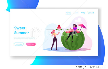 Tiny Female Characters Enjoy Refreshing of Huge Watermelon Landing Page Template. Women Eating Melon Drinking Cocktail 69461988
