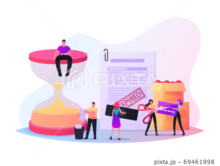Expiration Concept with Tiny Characters at Huge Hourglass, Boxes with Spoiled Food. Woman Cutting Expired Credit Card 69461998