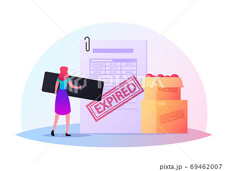 Tiny Female Character Put Huge Seal Stamp on Document for Expired Spoiled Food Lying in Carton Box. Products Expiration Tiny Female Character Put Huge Seal Stamp on Document for Expired Spoiled Food Lying in Carton Box. Products Expiration 69462007