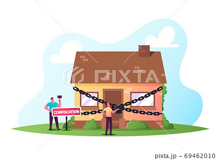 Auctioneer Judging Auction of Real Estate House that Confiscated from Owner with Debt. Property Confiscation, Penalty Auctioneer Judging Auction of Real Estate House that Confiscated from Owner with Debt. Property Confiscation, Penalty 69462010