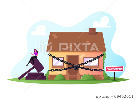Property Confiscation, People Buying and Selling Confiscated Real Estate on Auction Concept. House Wrapped with Chain Property Confiscation, People Buying and Selling Confiscated Real Estate on Auction Concept. House Wrapped with Chain 69462011