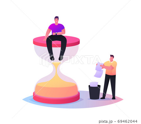 Tiny Male Character Sitting on Huge Hourglass Looking on Wrist Watch, Throw Out Expired Documents with Irrelevant Info Tiny Male Character Sitting on Huge Hourglass Looking on Wrist Watch, Throw Out Expired Documents with Irrelevant Info 69462044