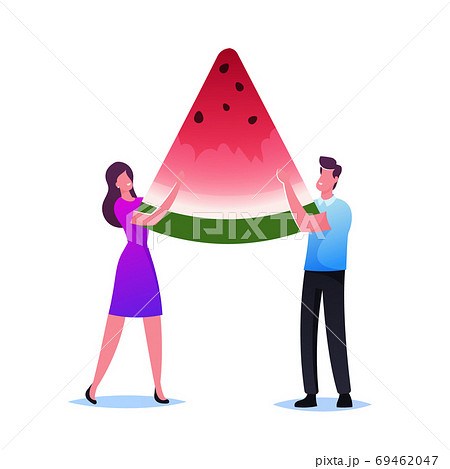 Tiny Male or Female Characters with Huge Watermelon Piece Isolated on White Background. People Enjoying Summer Food 69462047