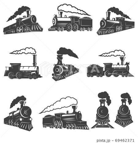 Set of vintage trains isolated on white background. Design element for label, brand mark, sign, poster. Vector illustration 69462371