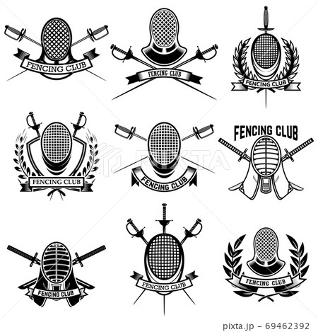 Set of Fencing club labels. Fencing swords. Design elements for emblem, sign, badge. Vector illustration Set of Fencing club labels. Fencing swords. Design elements for emblem, sign, badge. Vector illustration 69462392