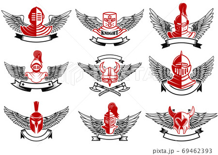 Set of the emblems with knights helmets and swords. Design elements for logo, label, badge, sign. Vector illustration 69462393