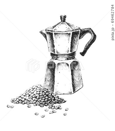 Geyser coffee maker. Hand-drawn black and white illustration. Jp 69462784
