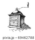 Old coffee grinder. Hand-drawn black and white illustration. Jpe 69462788