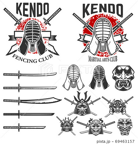 Set of japanese fencing martial art emblems. Kendo swords, protective helmets. Samurai helmets and swords. Design elements for logo, label, emblem, sign. Vector illustration 69463157
