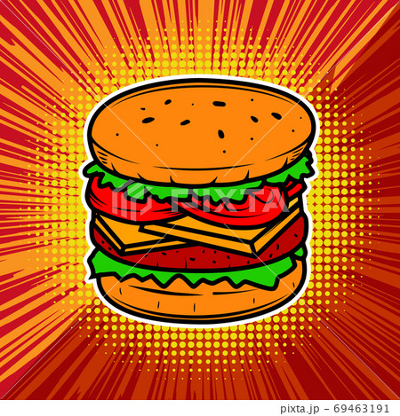 Burger illustration on radial background with comic book speed lines. Vector illustration 69463191