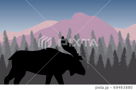 Vector moose in landscape with forest and mountain 69463880