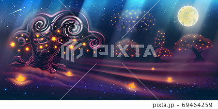Magic night landscape with fantasy forest, dark trees, moon with light beams, sky with clouds, heaven, glowing stars, evening wonderful nature background as panorama. Vector illustration. Magic night landscape with fantasy forest, dark trees, moon with light beams, sky with clouds, heaven, glowing stars, evening wonderful nature background as panorama. Vector illustration. 69464259