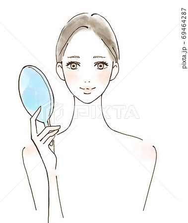 鏡を見る女性 笑顔の美容用イラストのイラスト素材