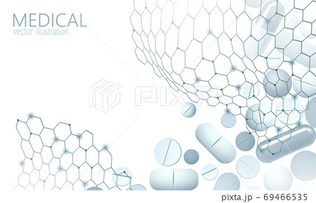 Drug capsule medicine business concept. Banner blue glowing medicament pill prebiotic probiotic ball health care cure illness. Antibiotic vitamin medical nutrition low poly vector illustration 69466535